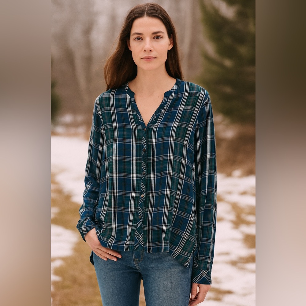 J. Jill Tartan Plaid Button Front Tunic Top Large Petite green blue check blouse